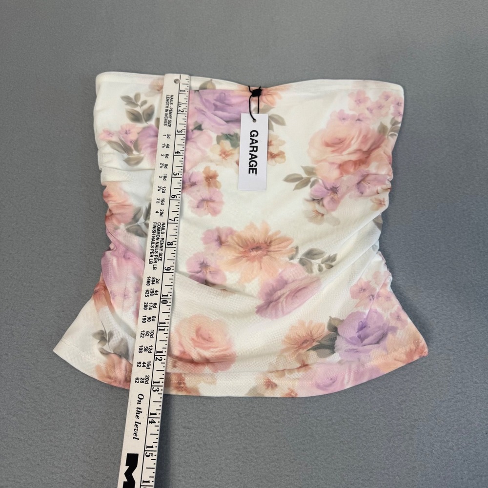 Garage Rosalie Ruched Tube Top Sz Medium Watercolor Floral Mesh White 100096911 - Picture 6 of 8